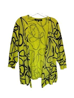 Cheryl Nash Yellow & Black Linen Blend Open Cardigan Sweater 3/4 Sleeves - Large